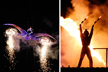 explosive performance, spectacle performance, circus, dance, theatre, aerial arts, fire, pyrotechnics